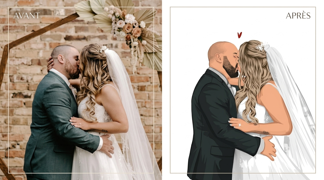Avant après d'une photo transformée en portrait personnalisé